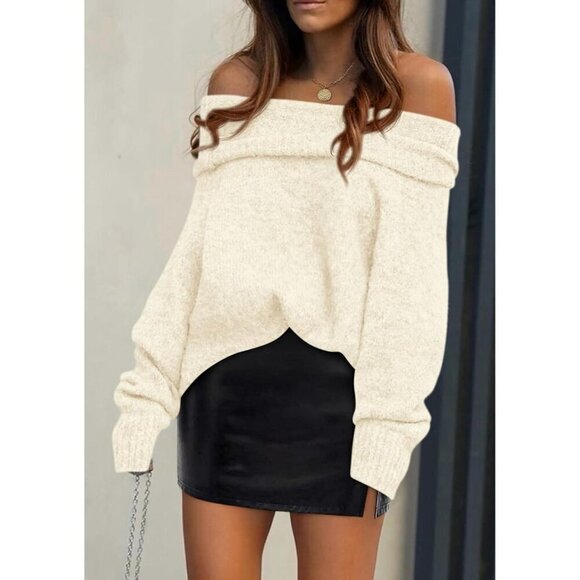 PRETTYGARDEN Women's Sweaters Fall Off The Shoulder Beige White Long Sleeve Top - Picture 2 of 8